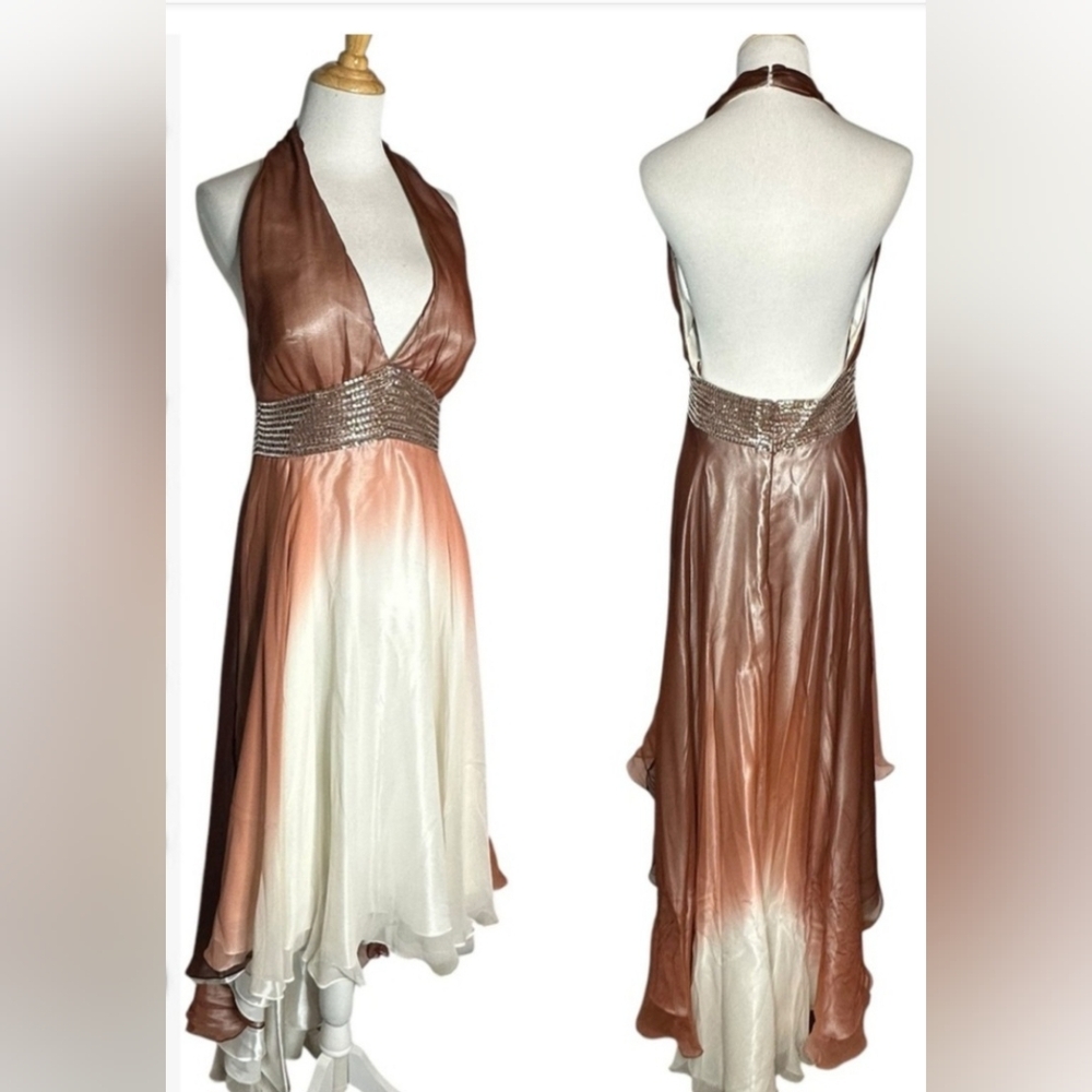 1001 Nights Vintage Mermaid 90s Y2K Brown Cream Fairycore Whimsy Halter Dress-6